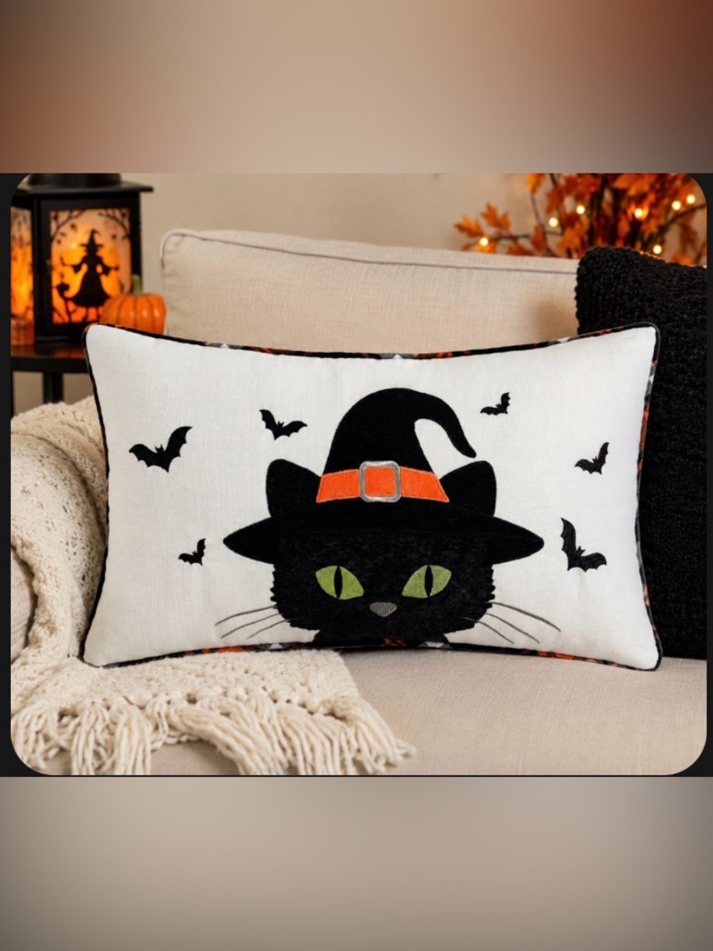Halloween Black Cat W/ Reverse Plaid Design Decorative Pillow
